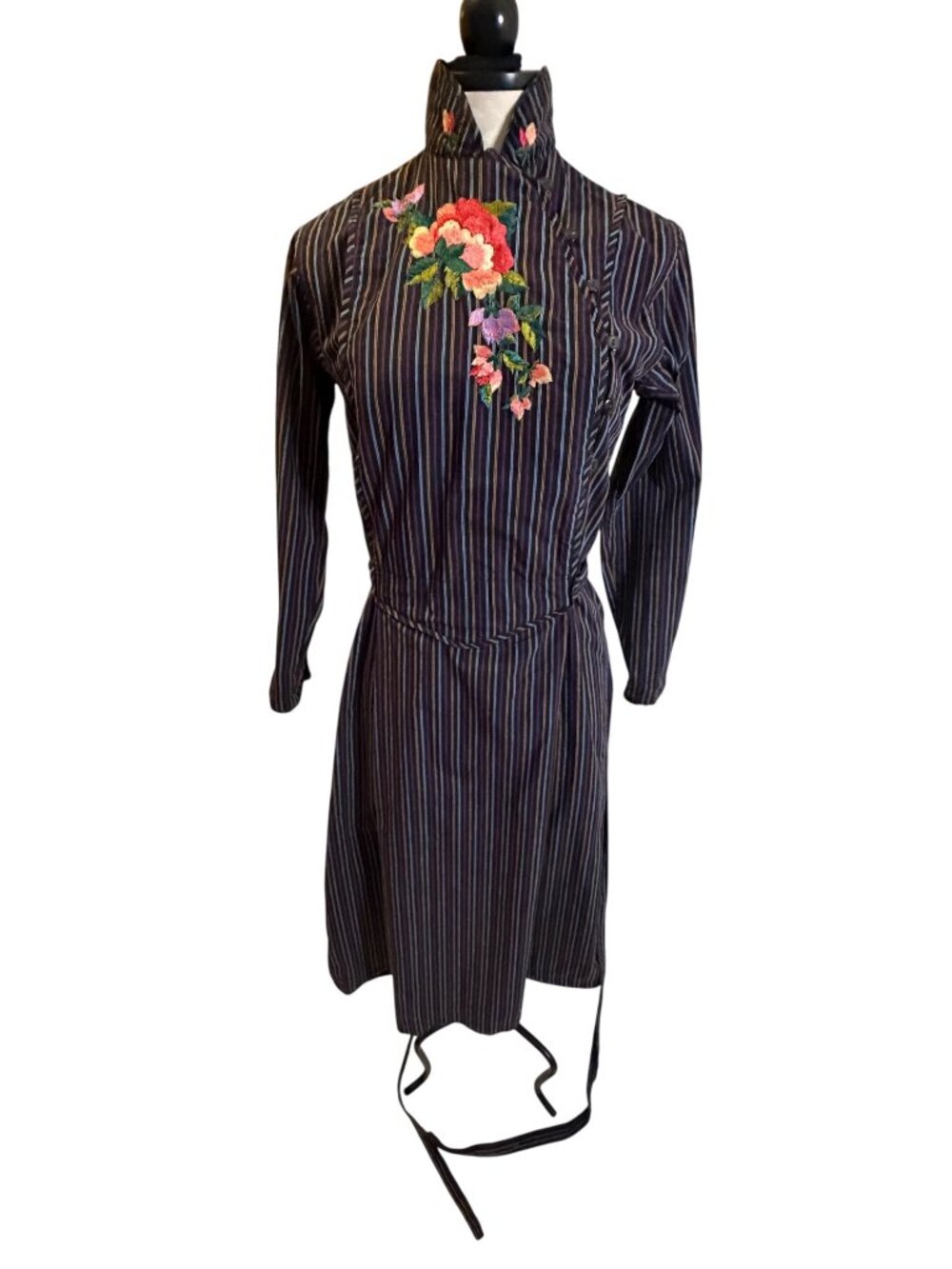Kenzo Womens Embroidered Striped Dress Size 38 Multicolor Cheongsam Style Boho